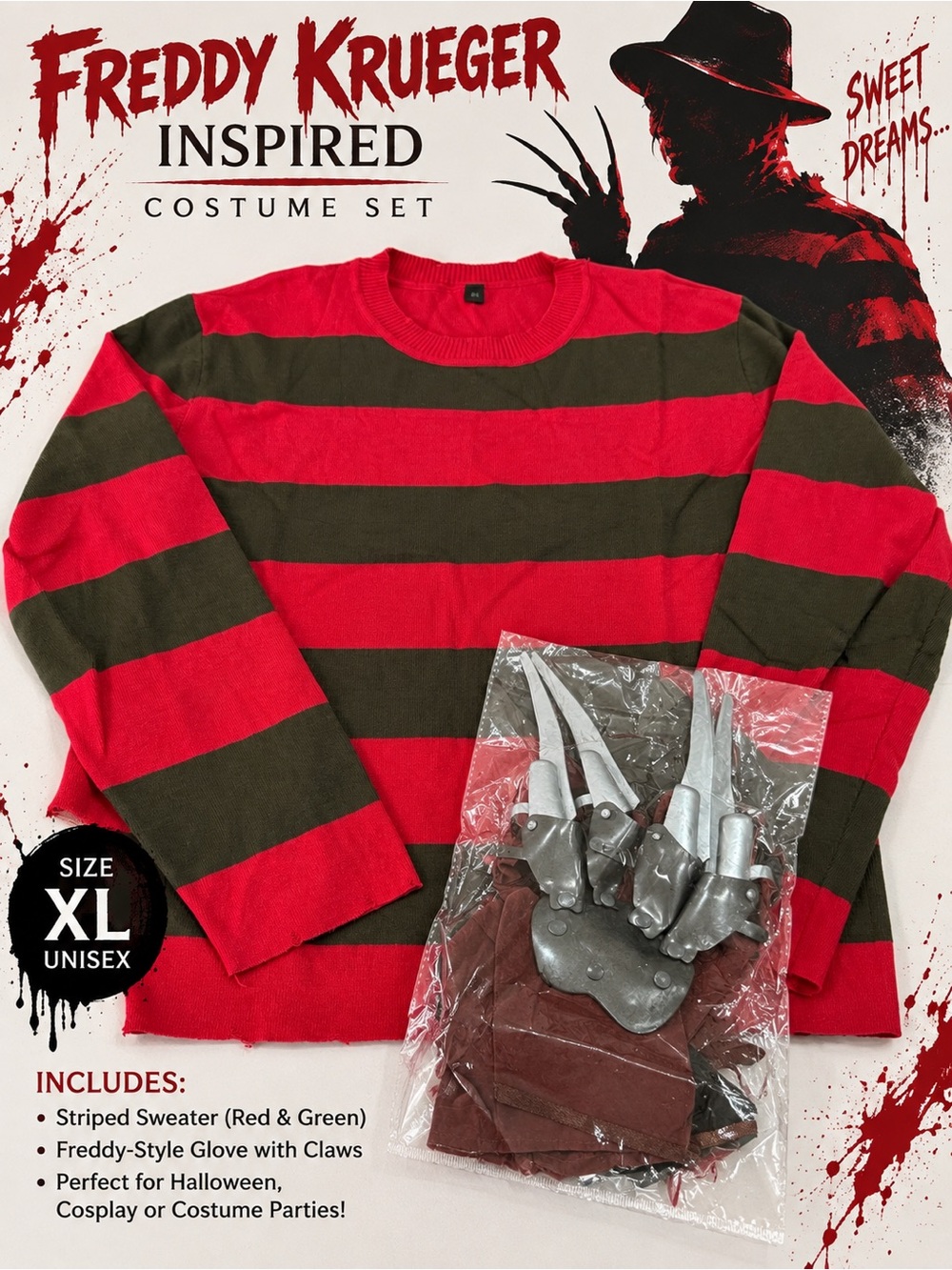 Freddy Krueger Inspired Halloween Costume XL Striped Sweater Claw Glove Unisex
